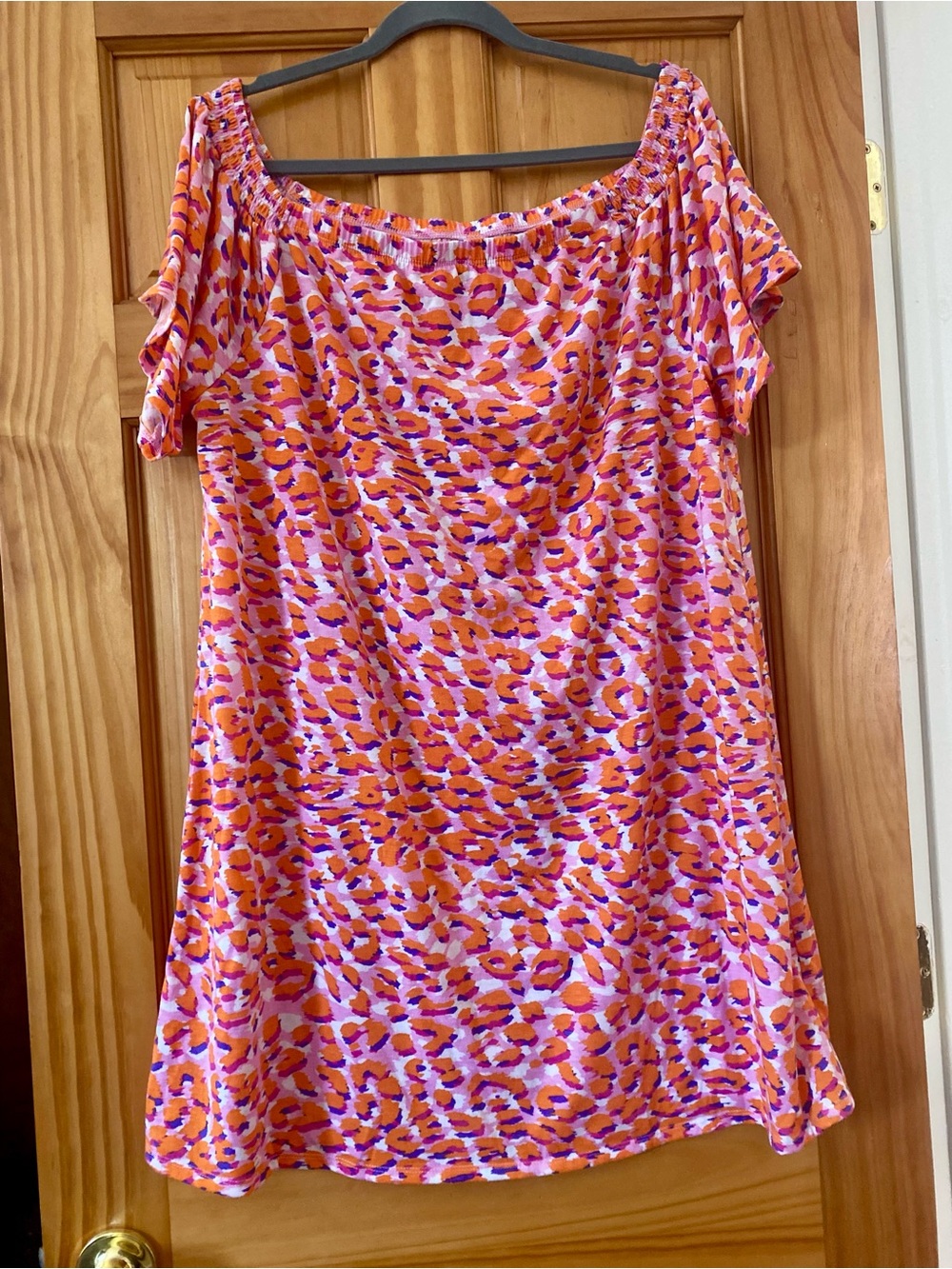 West Loop XL Pink Orange Leopard Print Off Shoulder Tunic Top Short Sleeve